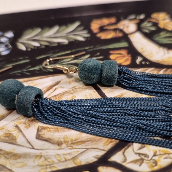 Forest Dark Green Teal Metal Tassel Earrings - Picture 4 of 6